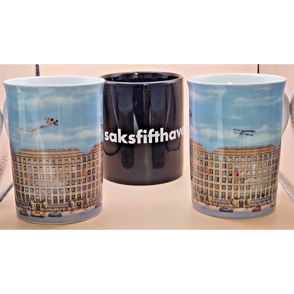 Saks Fifth Avenue Mug Lot of 3 Limited Edition Germany & Black Logo Coffee Cups
